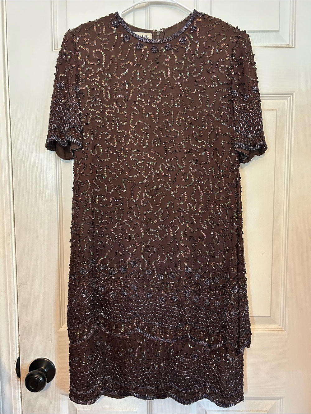 Brilliante By JA Vintage Brown Beaded Sequins Short-Sleeve Shift Dress